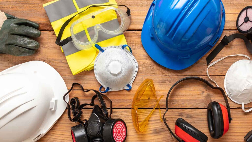 Basiskurse für neue KOPAS, Helm, Schutzmaske, Schutzbrille, Warnveste, Handschuhe und Gehörschutz als Symbole für Arbeitssicherheit